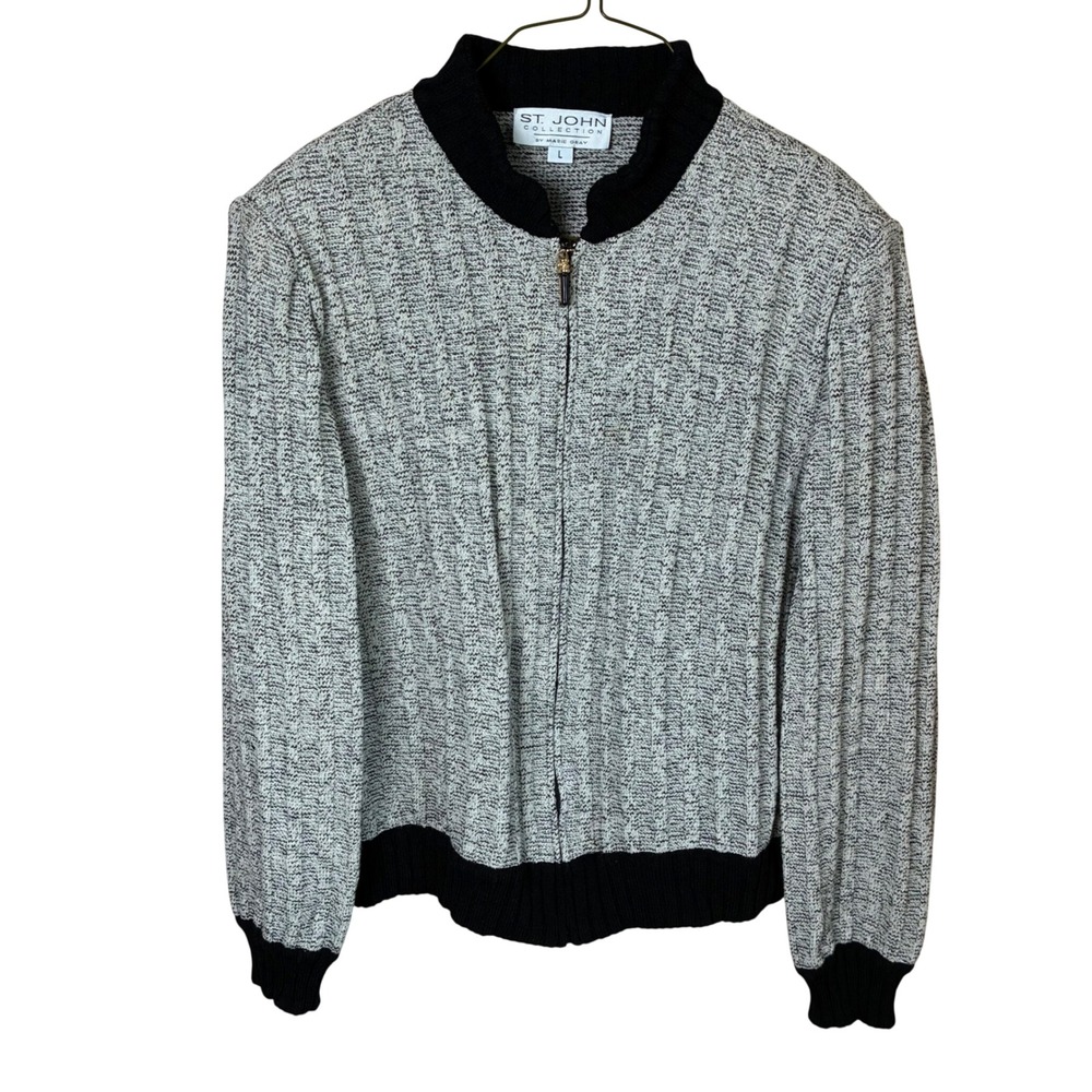 Vintage St John Collection Marie Gray Knit Zip Jacket Cardigan‎ L Grey Black